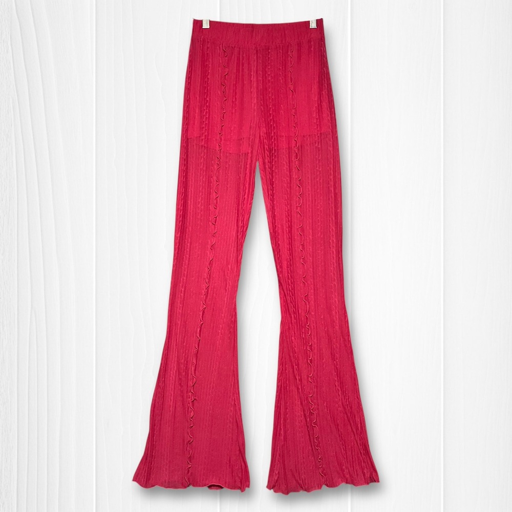 NWT Zara Sheer Textured Stretch Ruffle Flare Pants Women's M Pink
